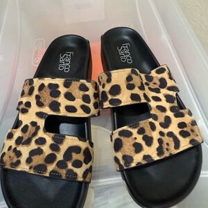Franco Sarto Black and Tan Leopard Slides